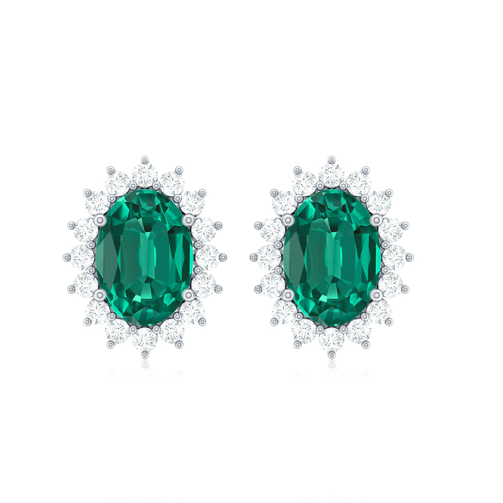 Oval Lab Grown Emerald Stud Earrings with Diamond Halo, 5X7 MM, 18K White Gold L554