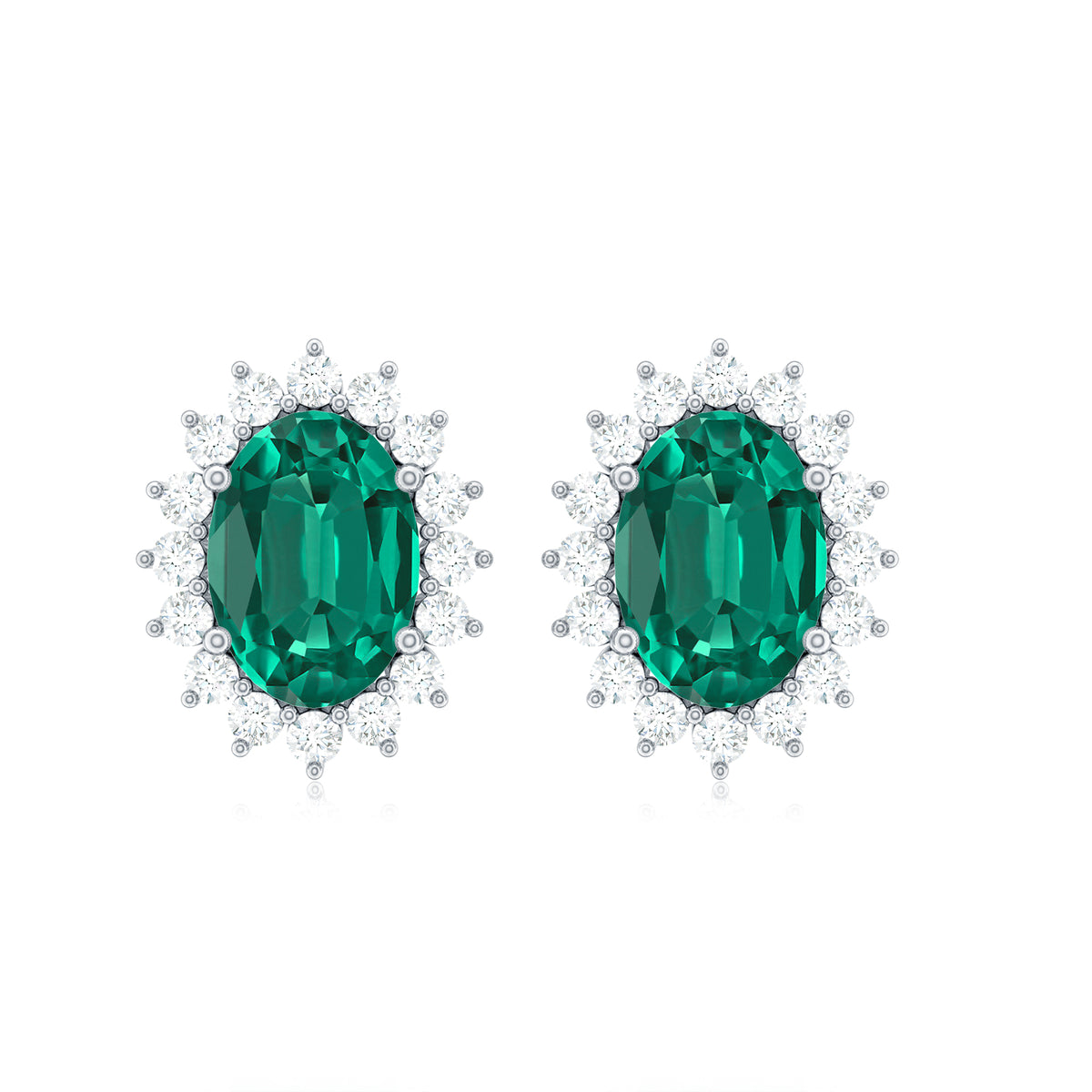 Oval Lab Grown Emerald Stud Earrings with Diamond Halo, 5X7 MM, 18K White Gold L554