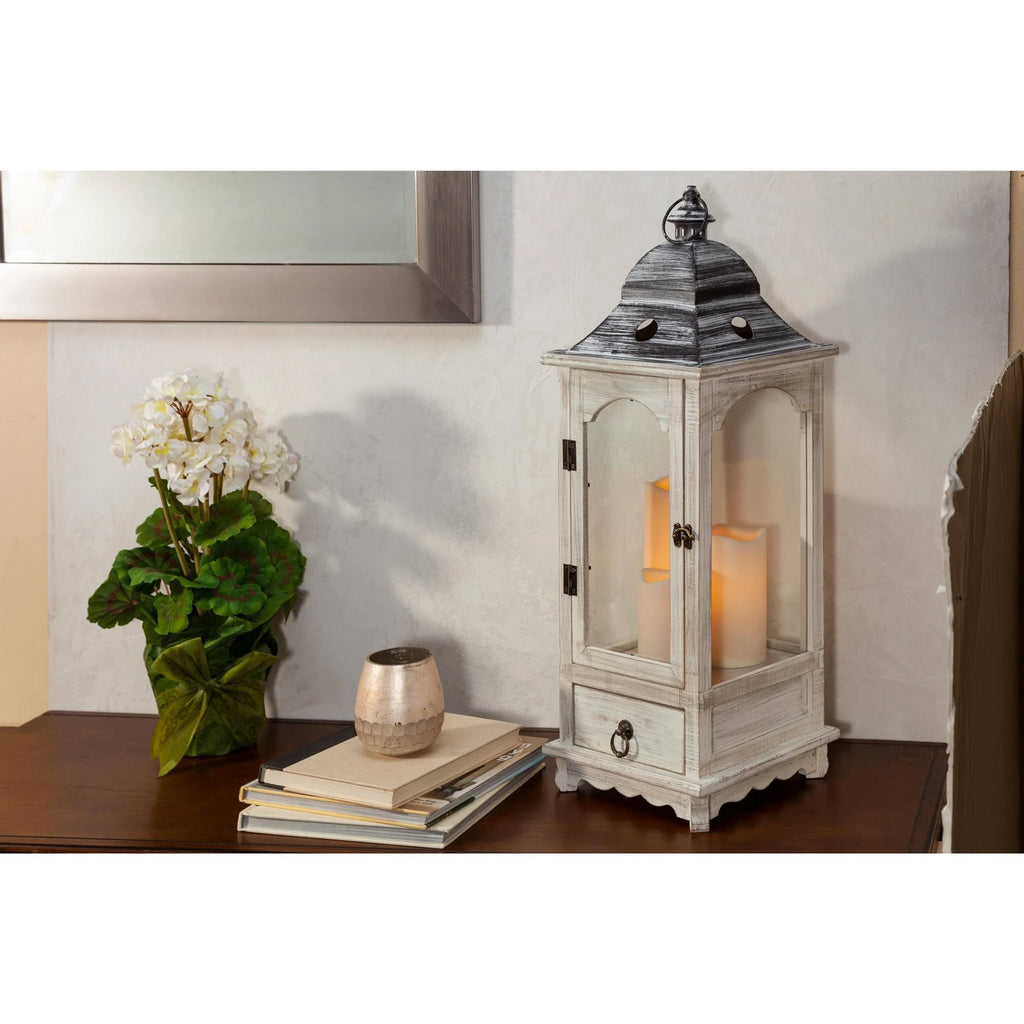 Faded White Wood Lantern with Metal Top & Glass Windows Y2106