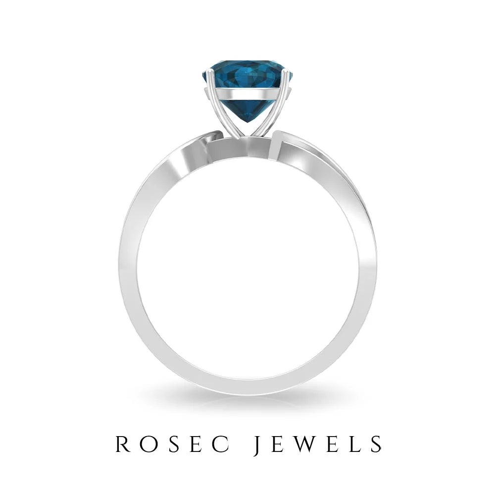 1.50 CT Cushion Cut London Blue Topaz Solitaire and Diamond Ring, 925 Sterling Silver, US 4.00 U1654