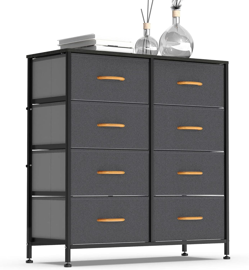 Vertical Dresser Storage Tower, Steel Frame, Wood Top, Fabric Bins, 8 Drawers, Dark Indigo M737