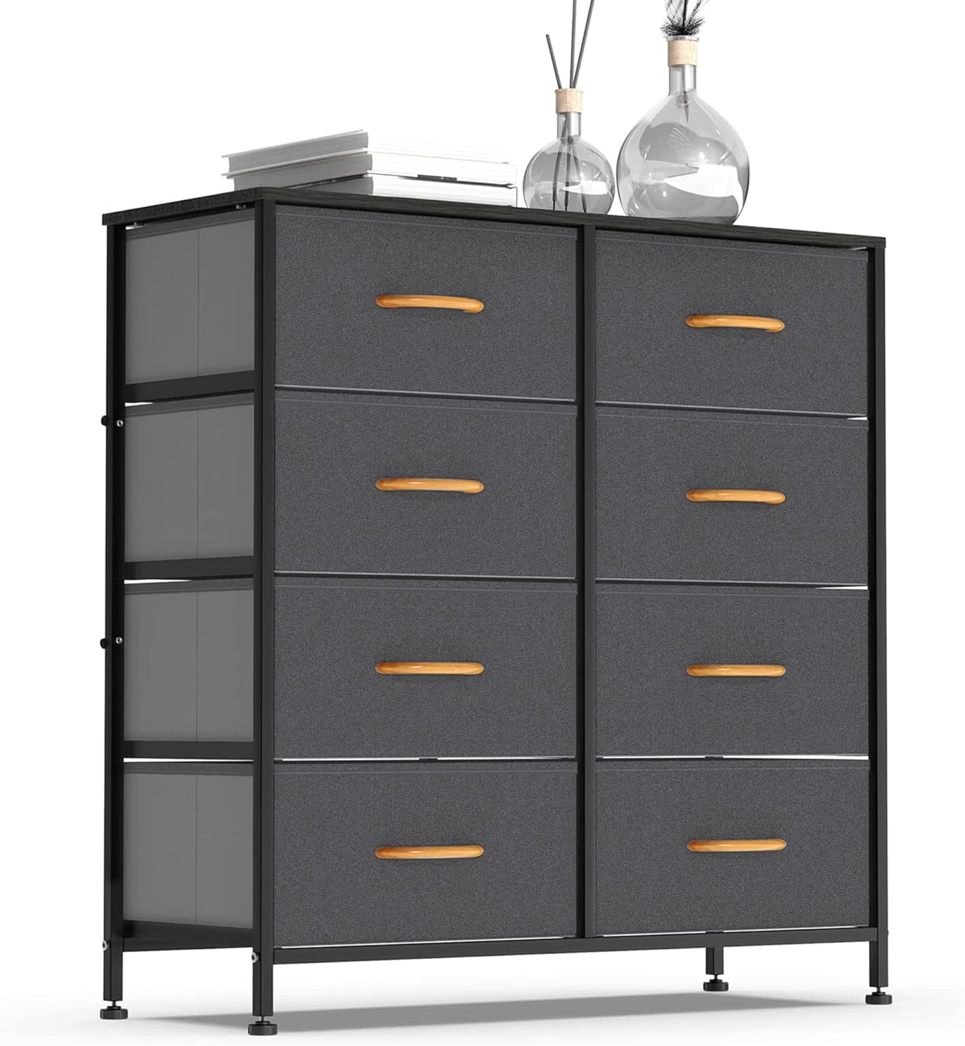 Vertical Dresser Storage Tower, Steel Frame, Wood Top, Fabric Bins, 8 Drawers, Dark Indigo M737