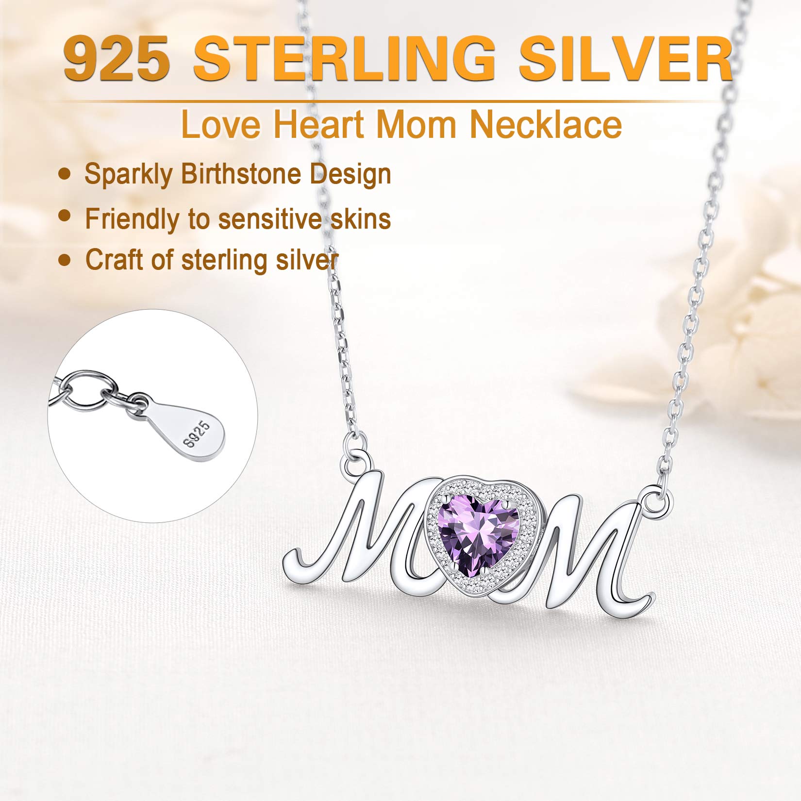 925 Sterling Silver Birthstone Heart Mom Necklace Y593988