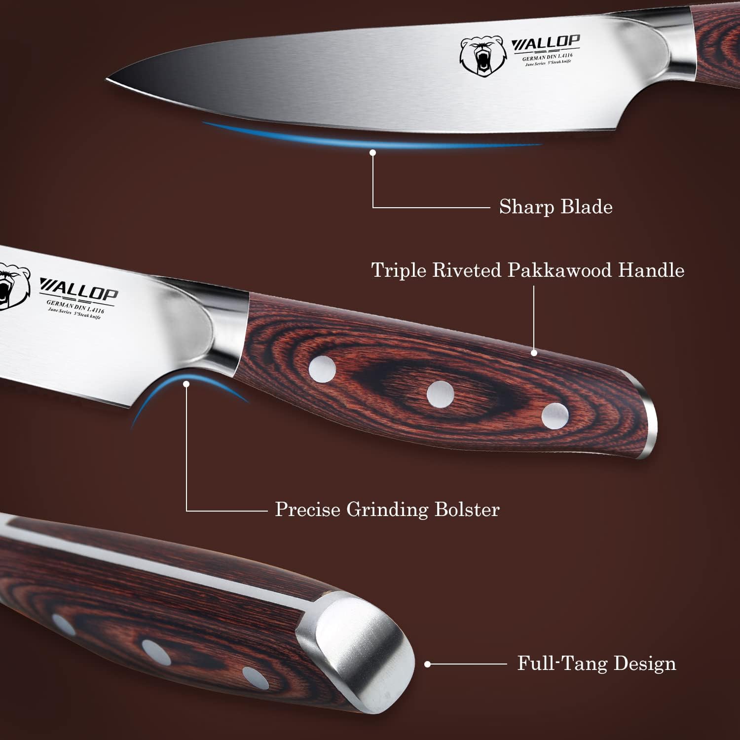 Senior Steak Knife Set of 4, High Carbon German Stainless Steel, Pakkawood Handle, 5 Inch Q422586