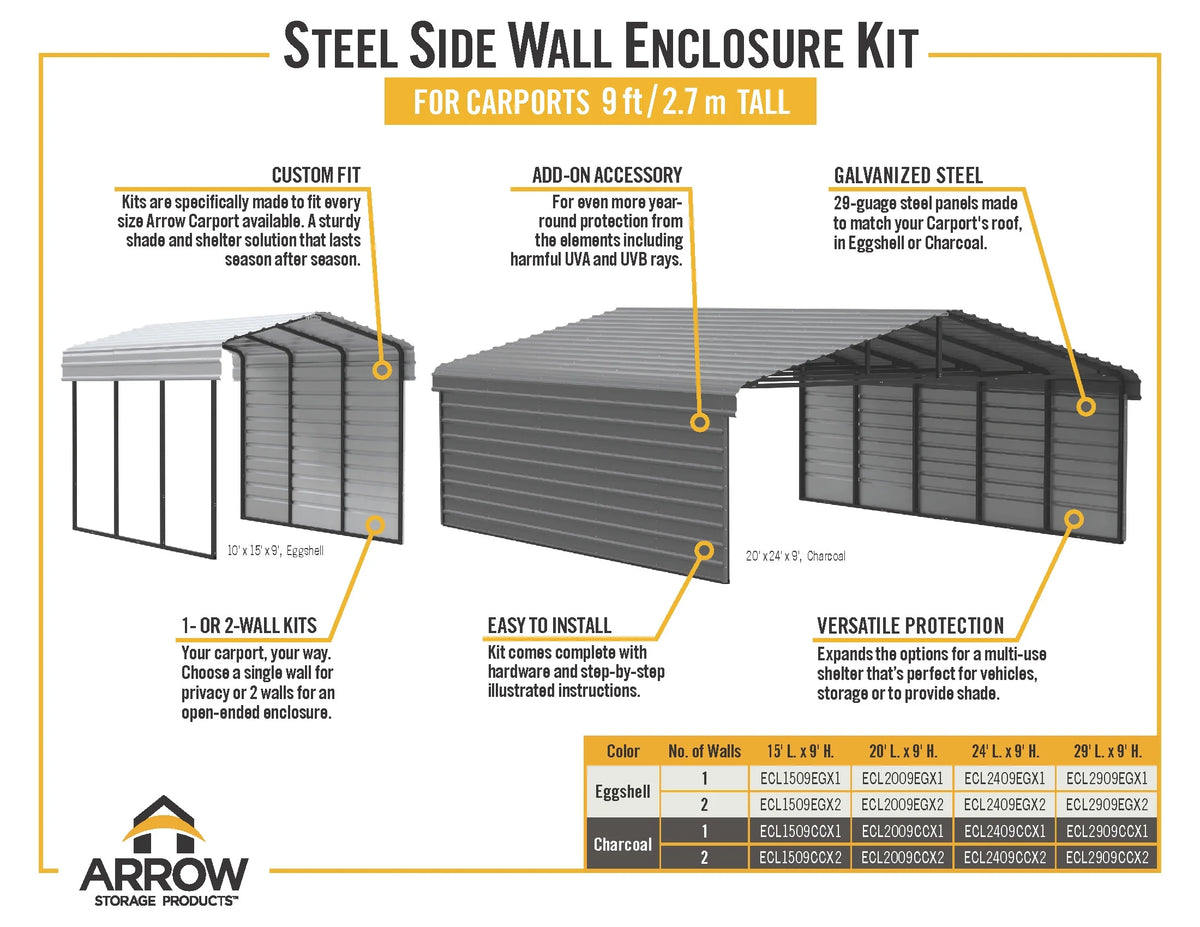 Galvanized Steel Carport Kit, 12' x 24' x 9', Charcoal Y732228