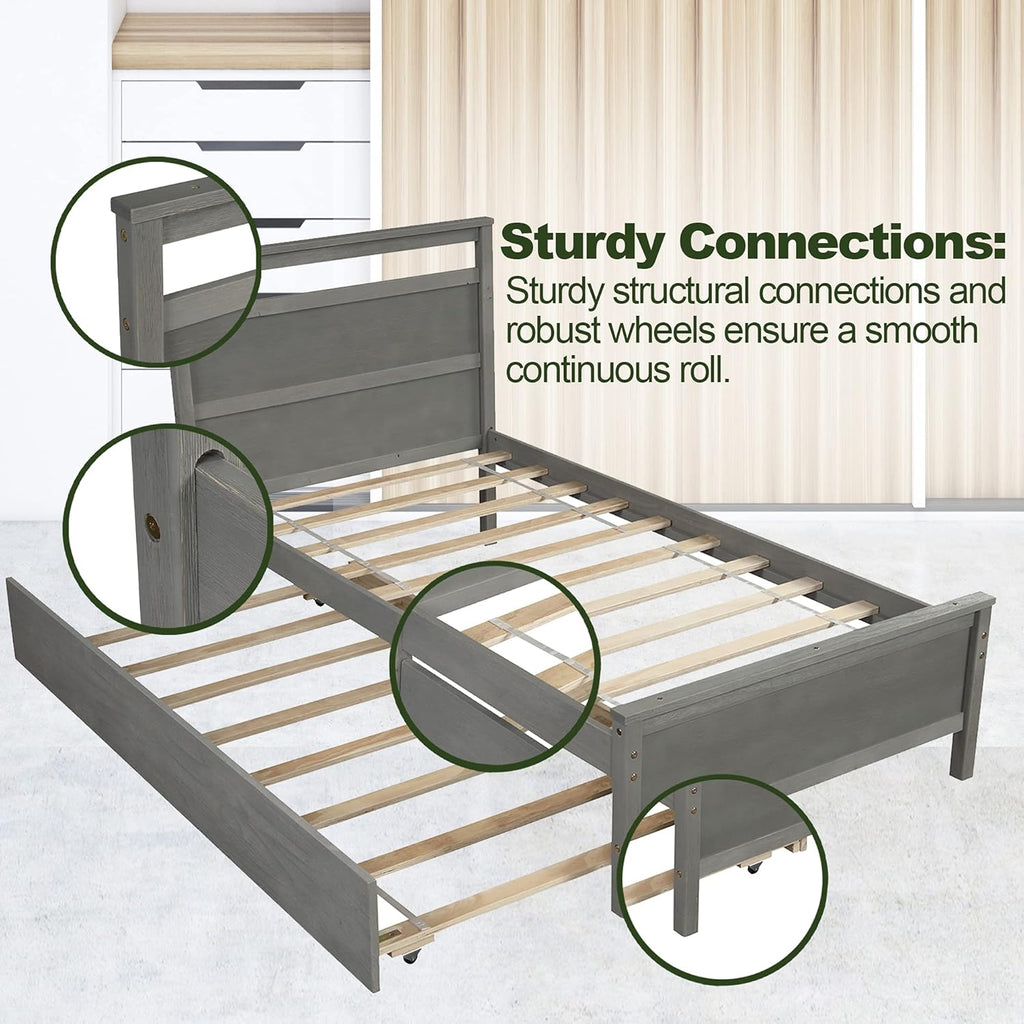Trundle Bed Frame Twin Size Pine Wood B763