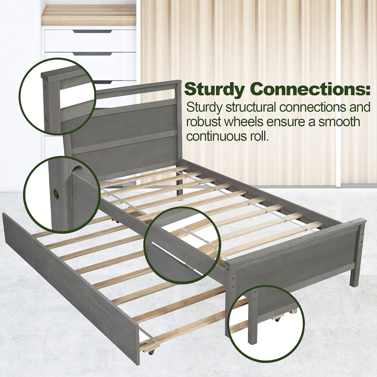 Trundle Bed Frame Twin Size Pine Wood B763