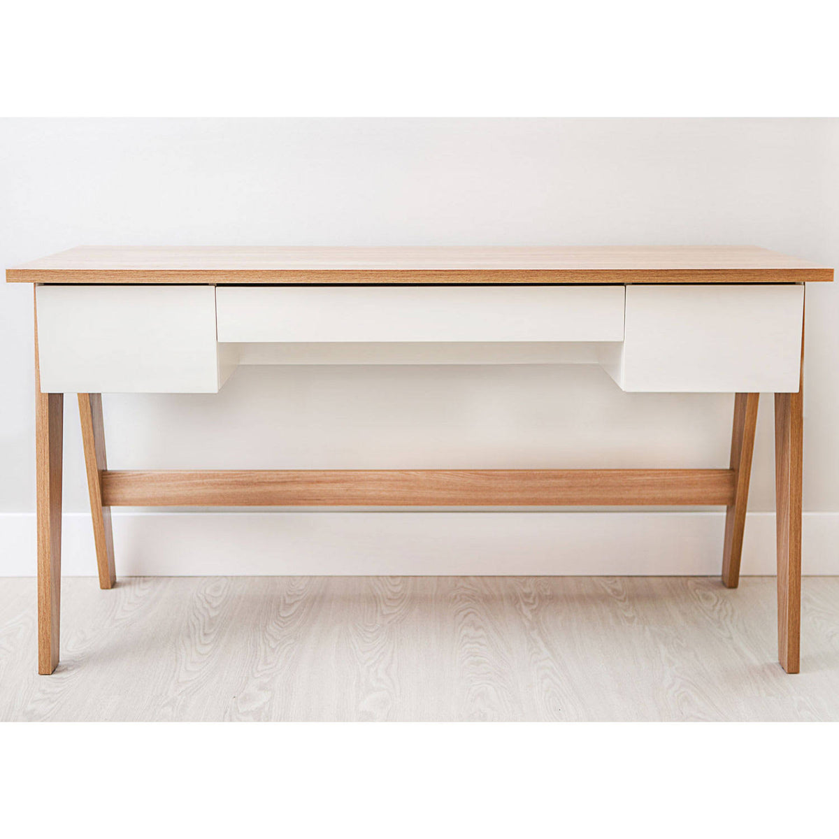 White Executive Office Desk with Light Oak Legs T8700