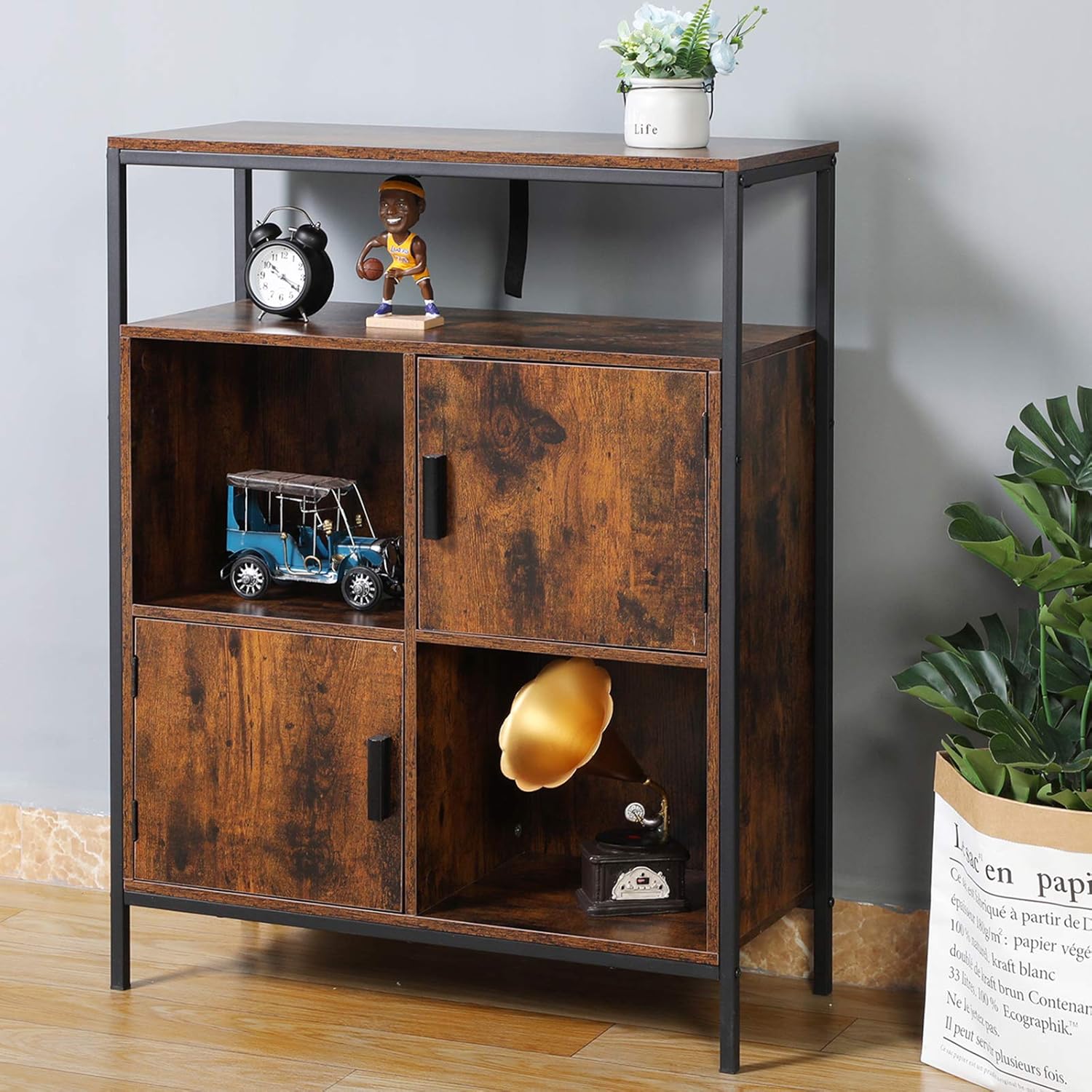 Rustic Brown Storage Cabinet with 2 Doors and Open Shelves N4297