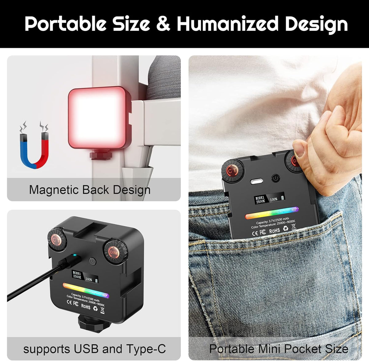 RGB Video Light with Magnetic Back, Pack of 2 H2530