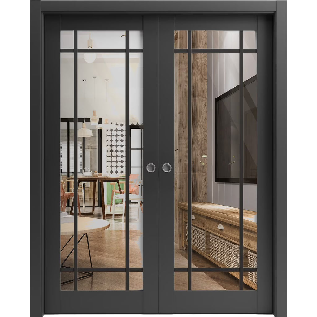 Matte Black Clear Glass Sliding French Double Pocket Doors S3765