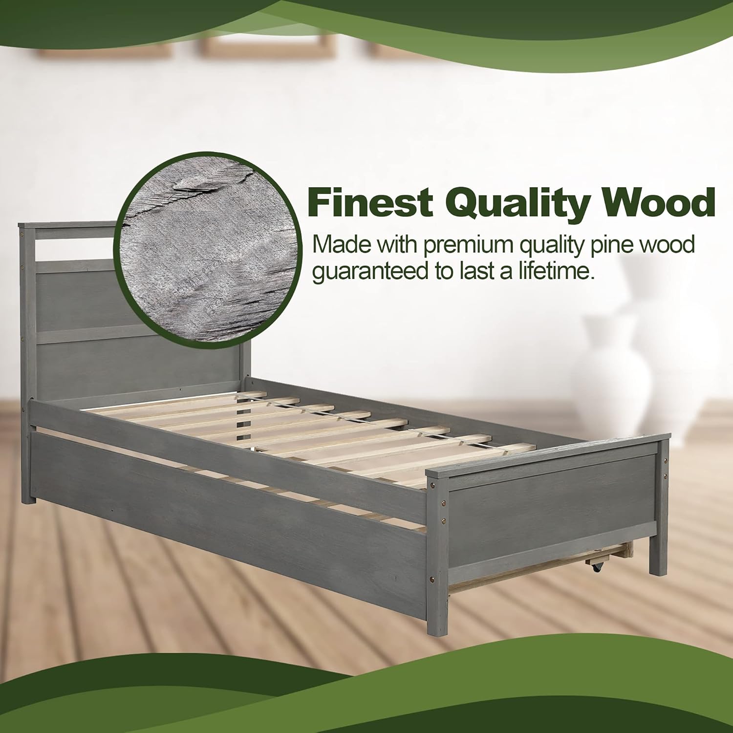 Trundle Bed Frame Twin Size Pine Wood B763