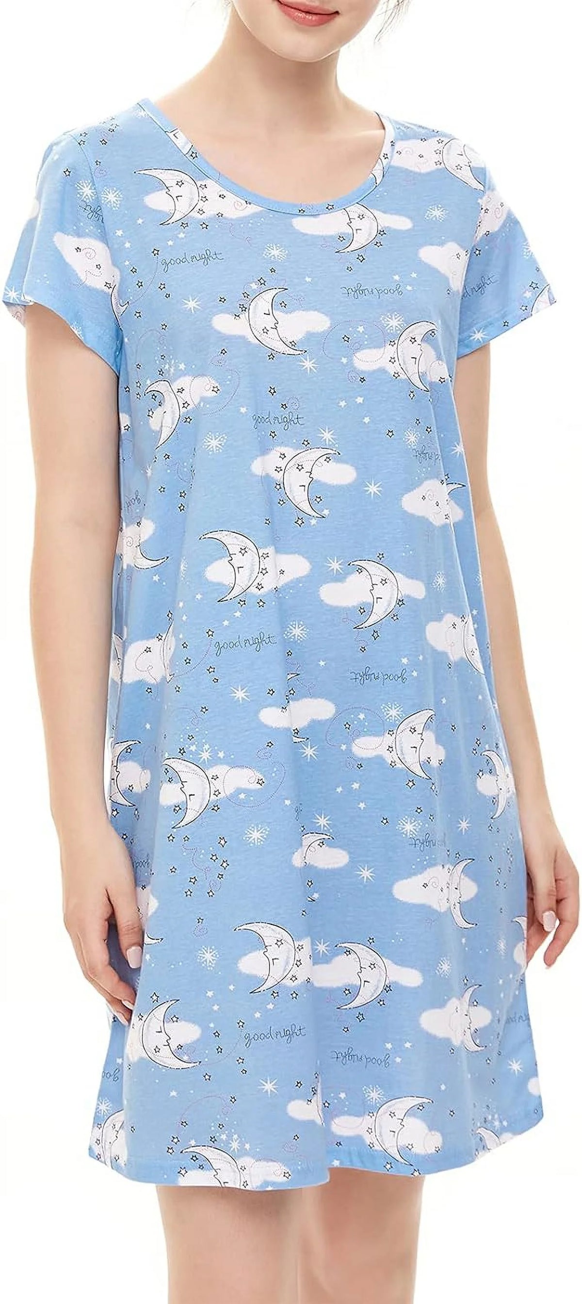Women's Cotton Sleepshirt Short Sleeve Nightgown Blue Moon 2XL D1963
