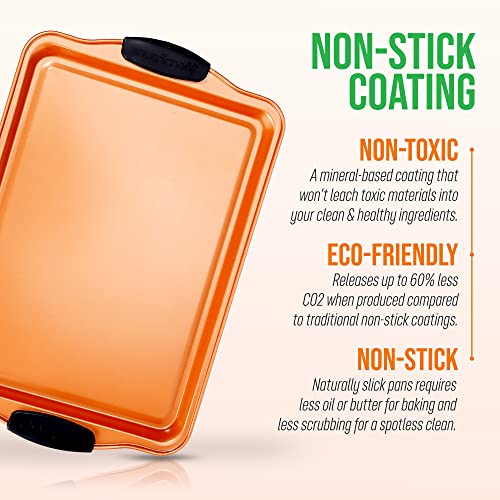 Nonstick Small Cookie Baking Sheet with Red Silicone Handles, 13.38’’ × 8.66’’ × 0.59’’ T501