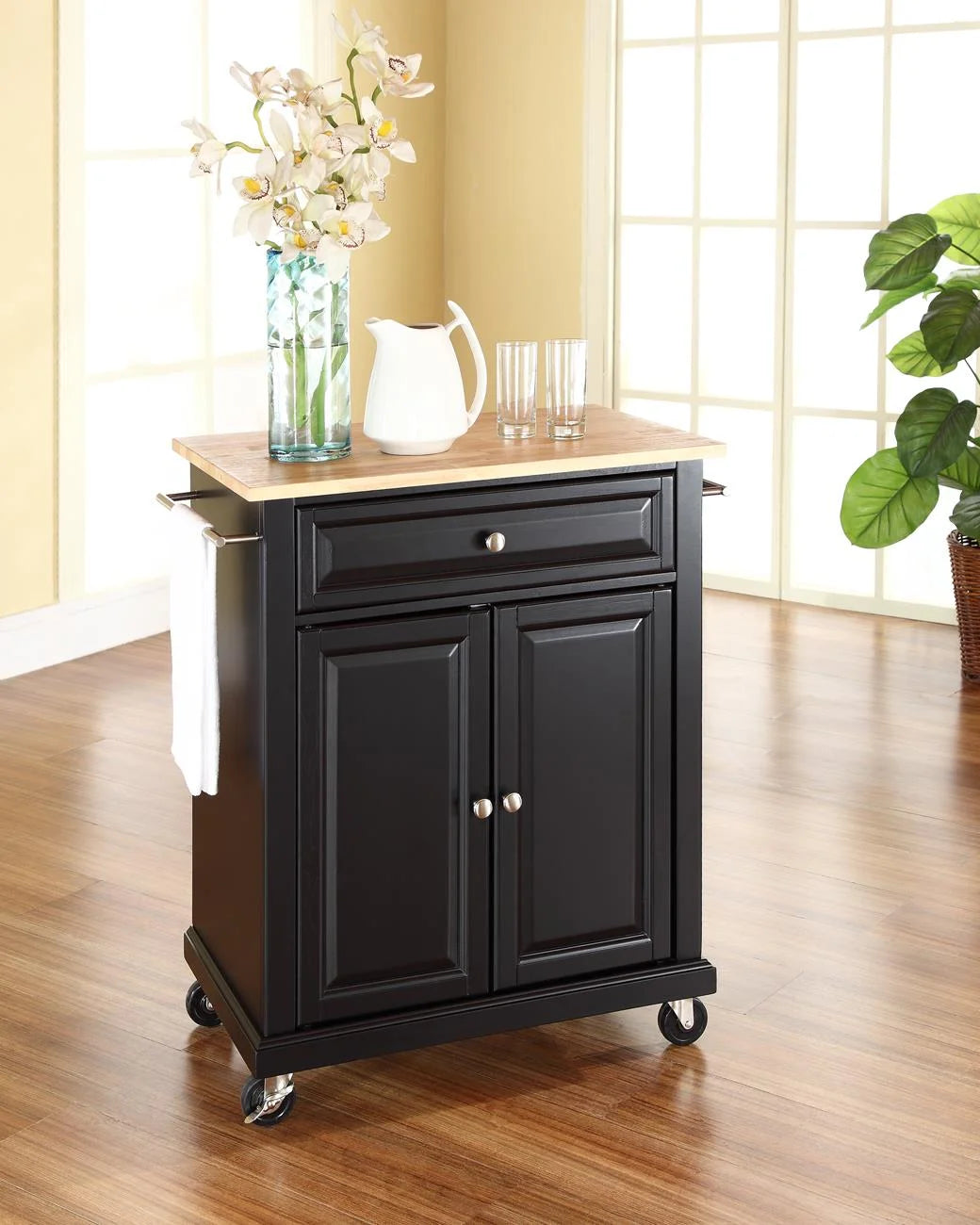Black Portable Kitchen Cart with Natural Wood Top U78618