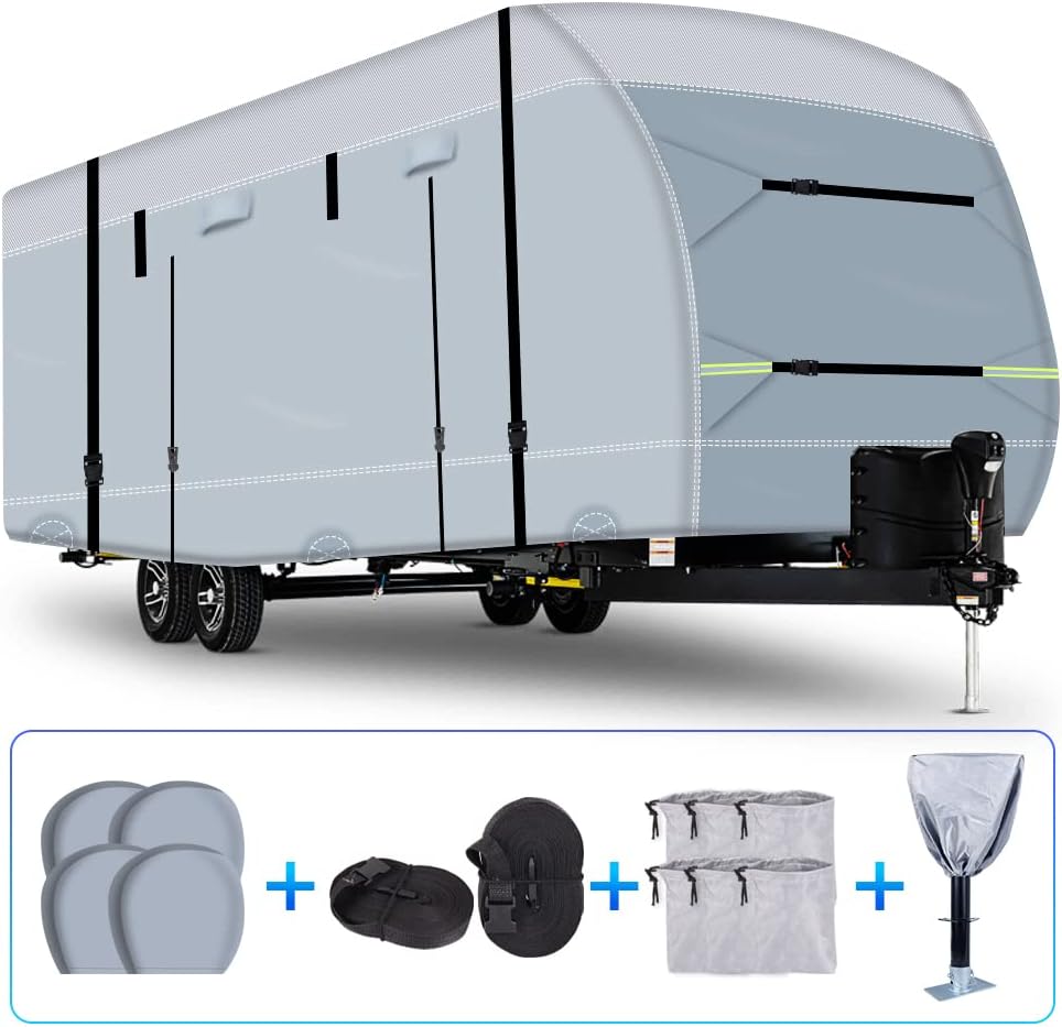 600D Ripstop RV Cover with 4 Tire Covers & Tongue Jack Cover & 6 Gutter Cover Q656