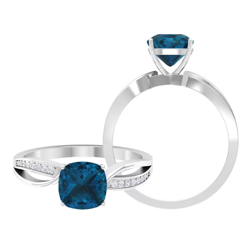 1.50 CT Cushion Cut London Blue Topaz Solitaire and Diamond Ring, 925 Sterling Silver, US 4.00 U1654