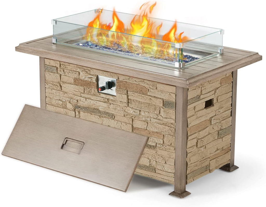 Gray Aluminum Propane Fire Pit Table with Faux Ledgestone J730533