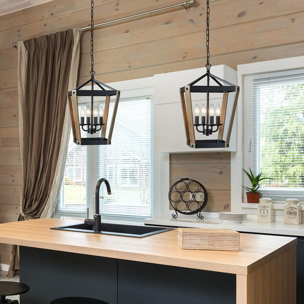 4 Light Square Cage Wood Chandelier K93799