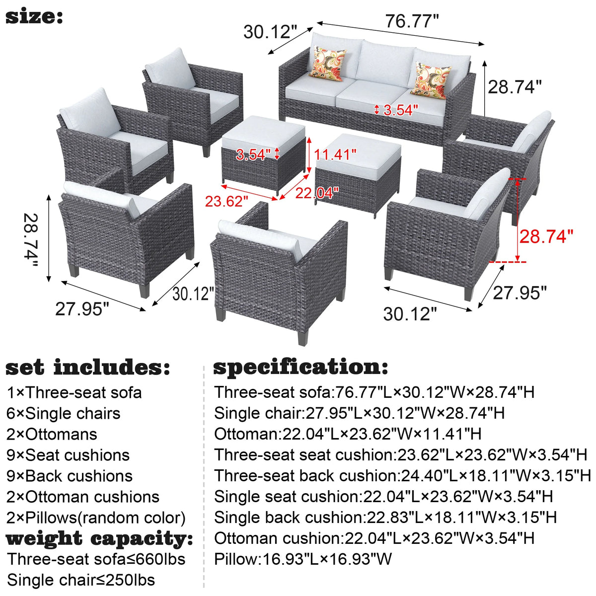 9 Piece Gray Wicker Patio Conversation Chair Set with Cushions O214740