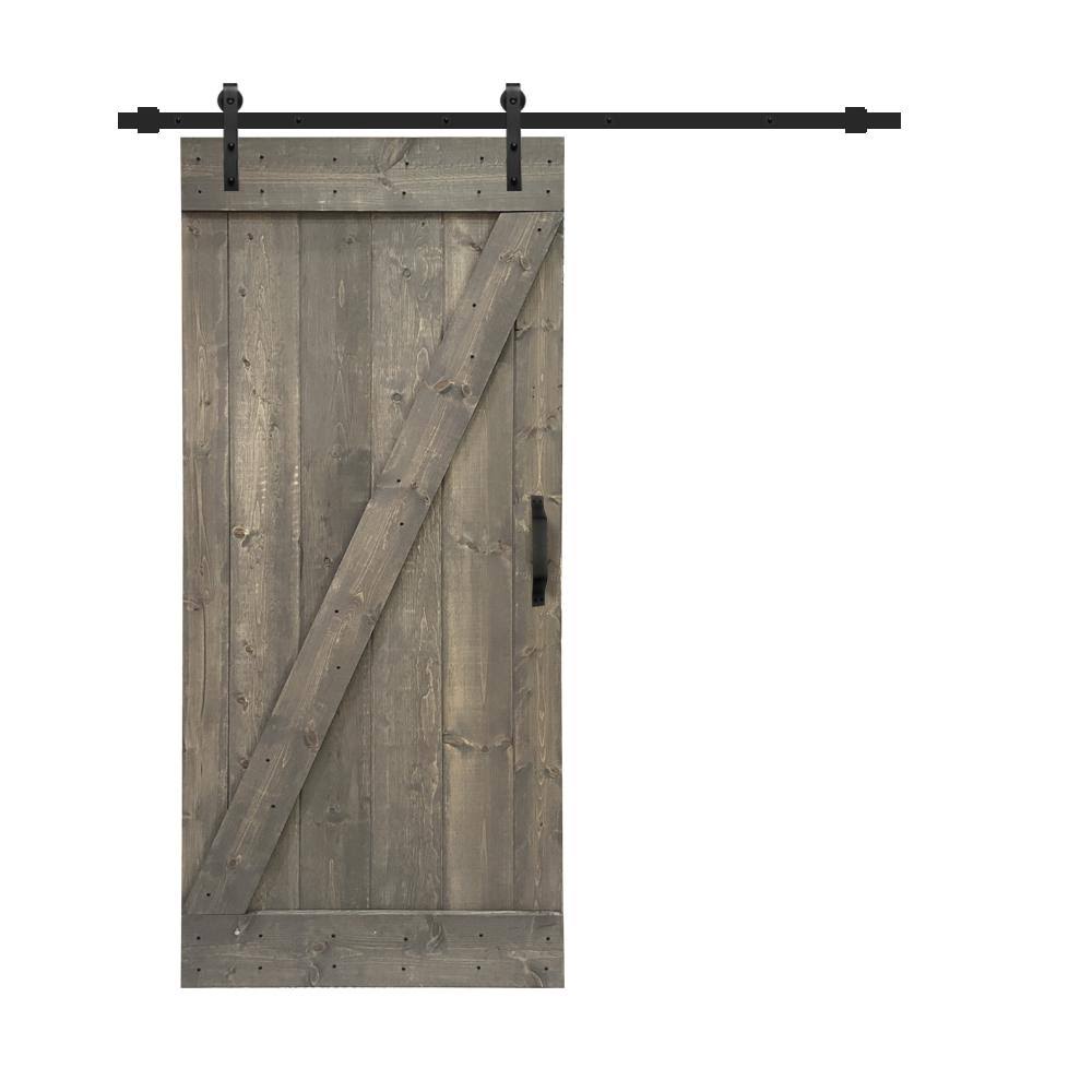 30 in. x 84 in. Weather Gray Stained Knotty Pine Wood Interior Sliding Barn Door with Hardware Kit and Handle A621