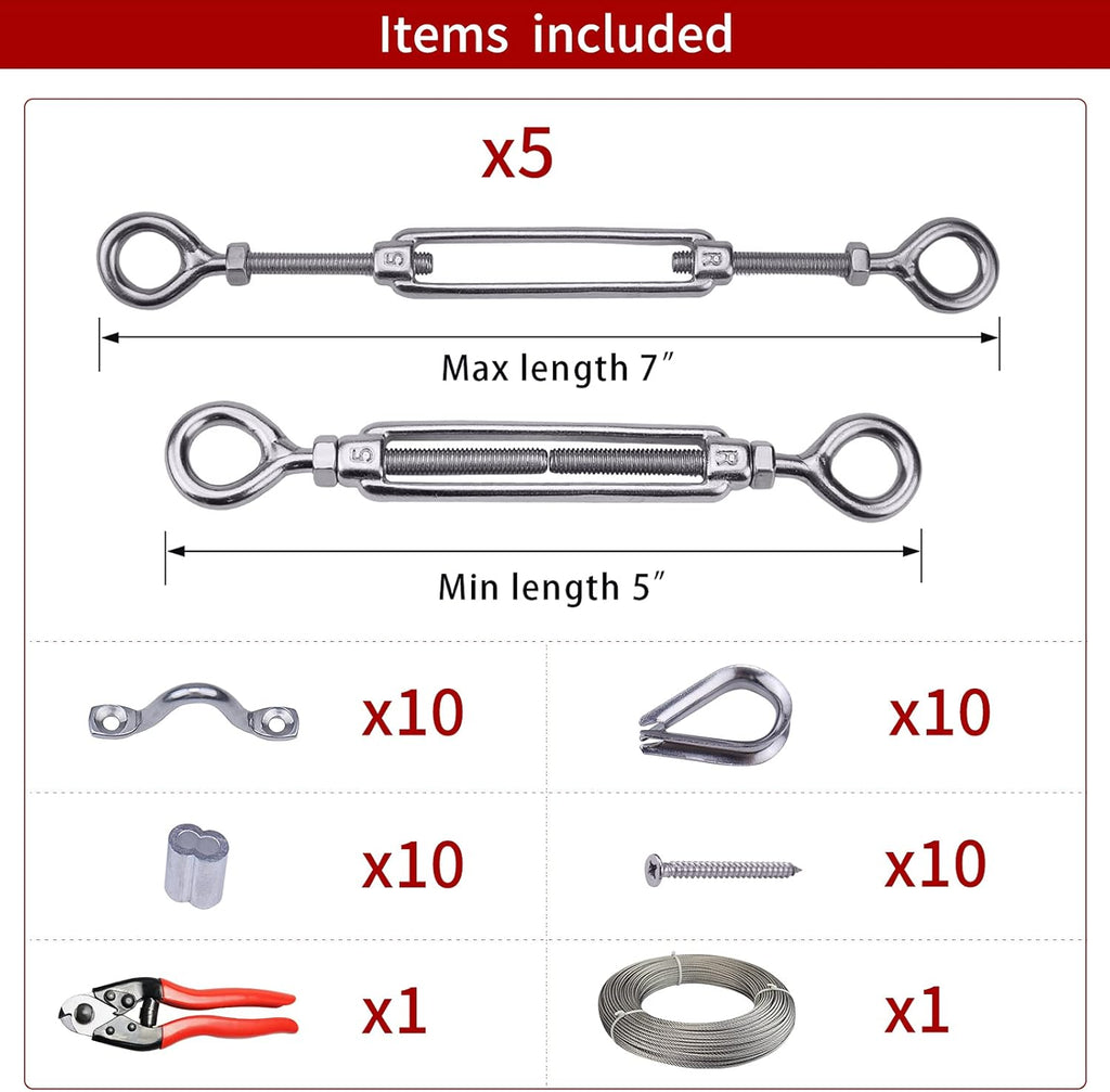 5Set 1/8 Cable Railing Kit Hardware Turnbuckle M5 Eye to Eye and 165' Wire Rope for Wood Post Stainless Steel Angle Adjustable 5 Cable Lines E234964