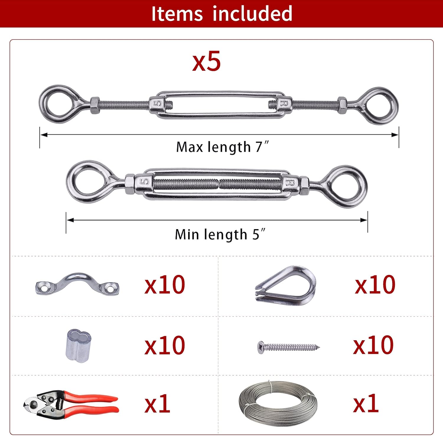 5Set 1/8 Cable Railing Kit Hardware Turnbuckle M5 Eye to Eye and 165' Wire Rope for Wood Post Stainless Steel Angle Adjustable 5 Cable Lines E234964