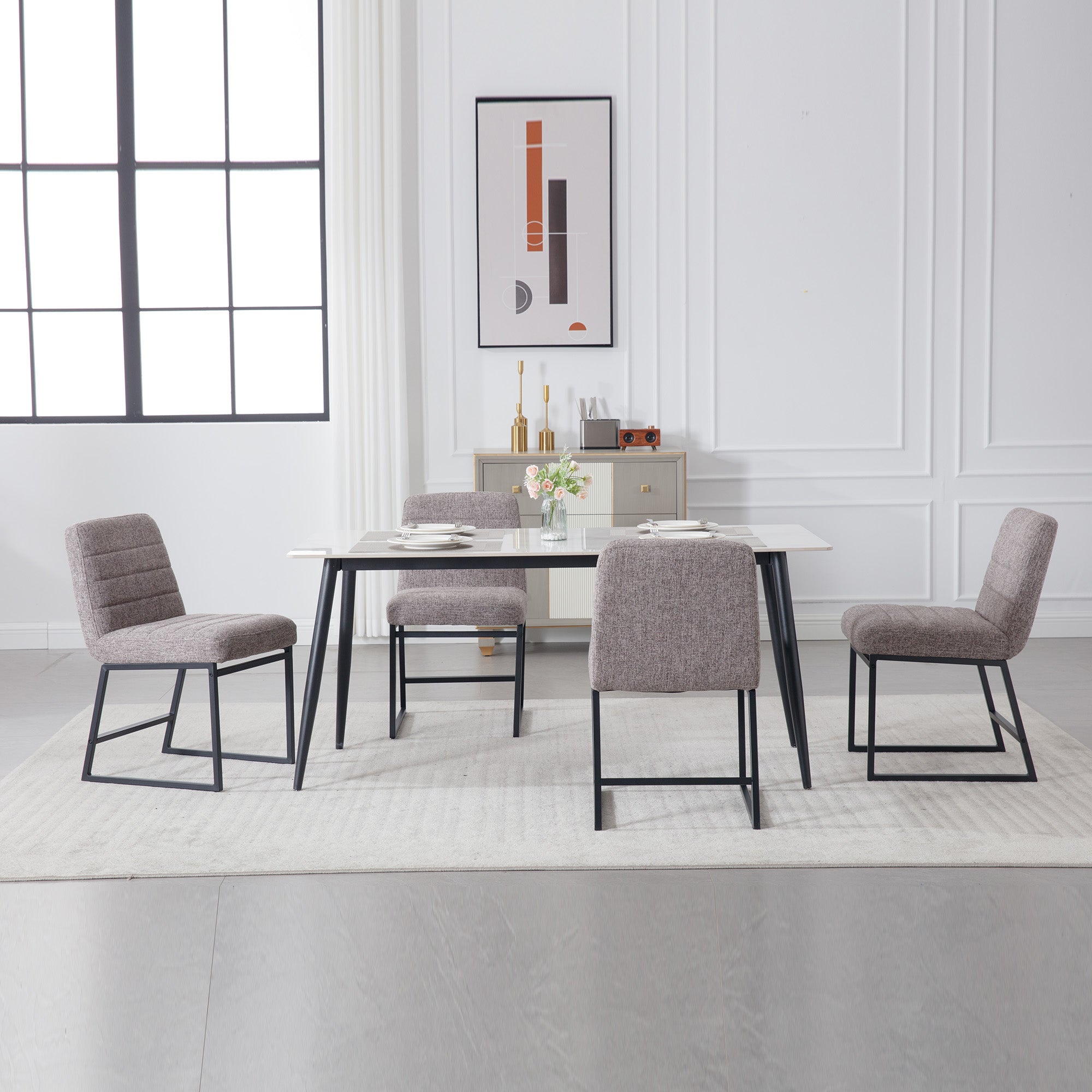 Linen Upholstered Dining Chairs with Black Metal Legs, Set of 2 S8765