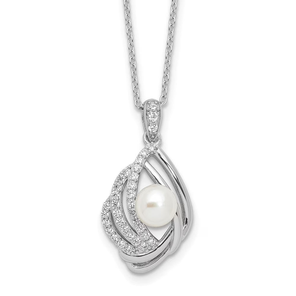 925 Sterling Silver Freshwater Cultured Pearl and CZ Teardrop Necklace 20" Q90446