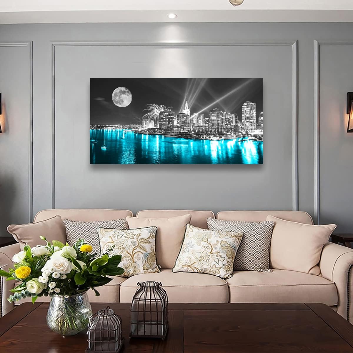 Moon Painting Wall Art Canvas Prints Cityscape Poster Lighted New York City Skyline Pictures Wooden Framed Artwork 20x40 Inches E5668