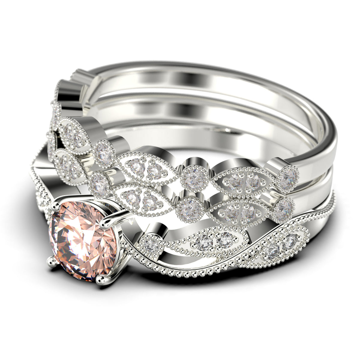 2.25 Carat Round Cut Morganite And Diamond Moissanite Engagement Ring in 925 Sterling Silver With 18k White Gold Plating G4593