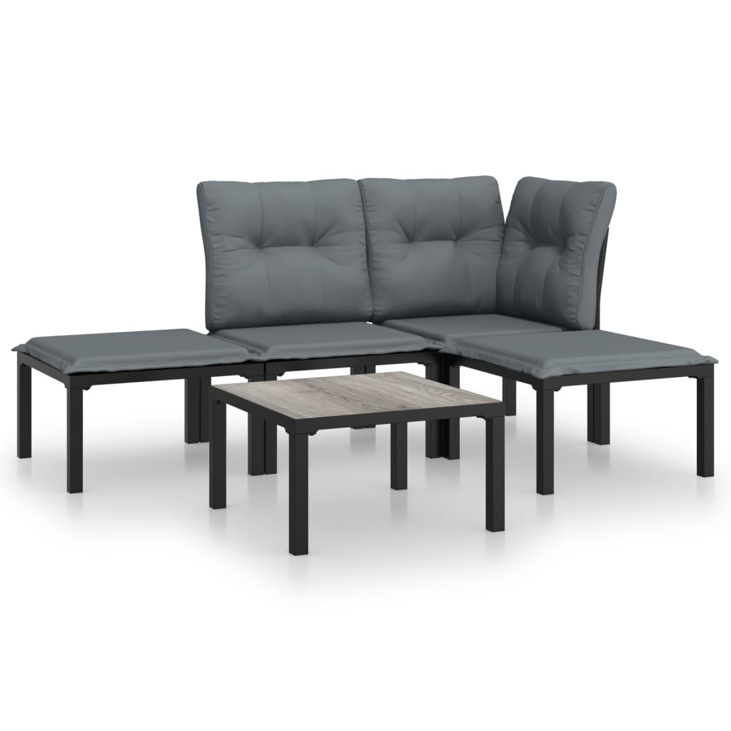 5 Piece Outdoor Patio Furniture Set, Black Poly Rattan Sectional Sofa with Dark Gray Cushions K46602