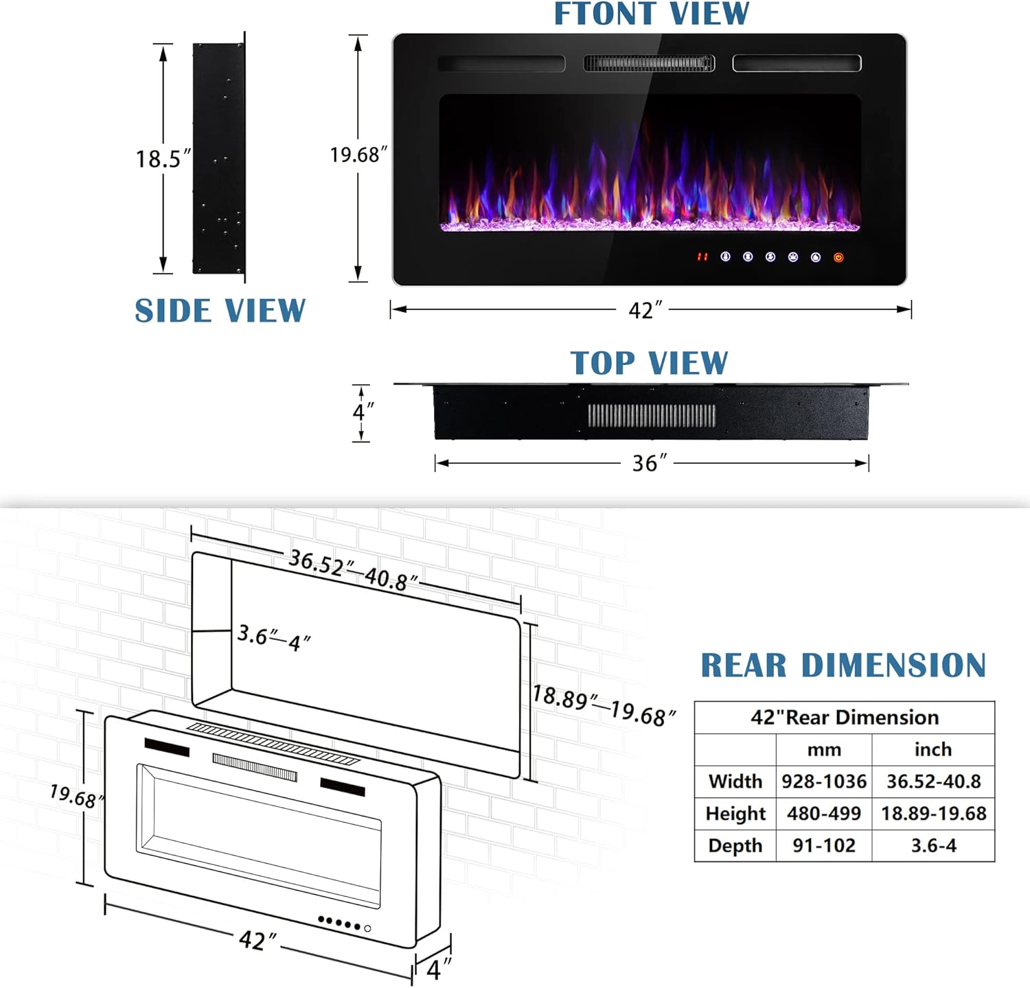 42" Electric Fireplace Recessed and Wall Mounted Heater with Remote Control Q224904