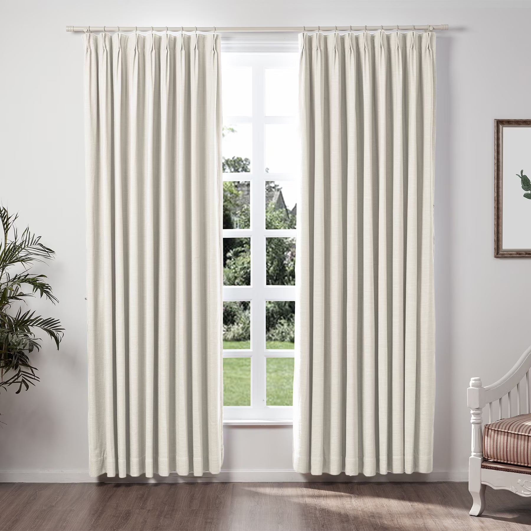Ivory White Faux Linen Blackout Pinch Pleated Curtain, 1 Panel, 52"x84" K86378