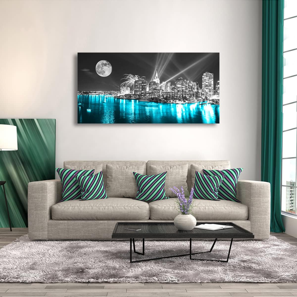Moon Painting Wall Art Canvas Prints Cityscape Poster Lighted New York City Skyline Pictures Wooden Framed Artwork 20x40 Inches E5668