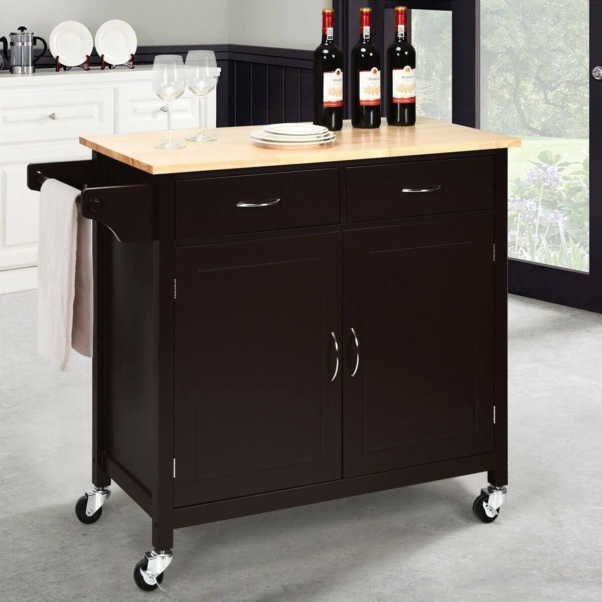Brown Wooden Top Rolling Kitchen Cart L408