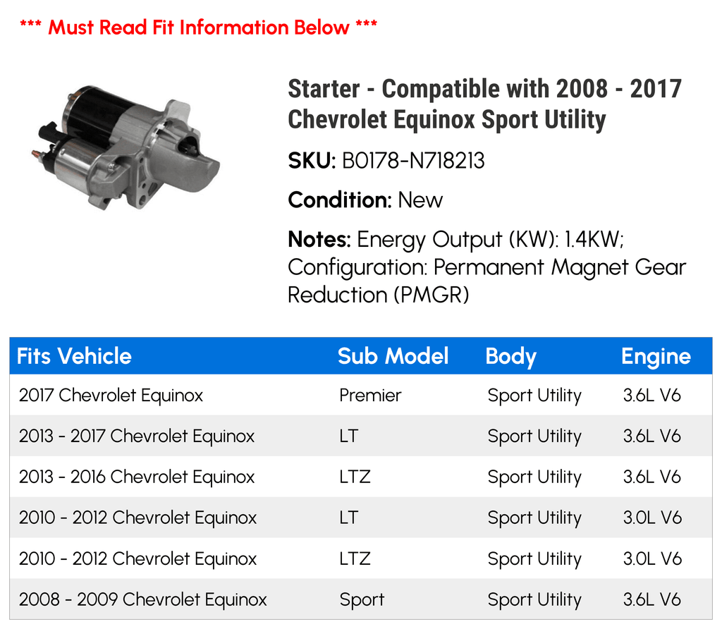 Starter for Chevy Equinox Sport Utility 2008-2017 L15065
