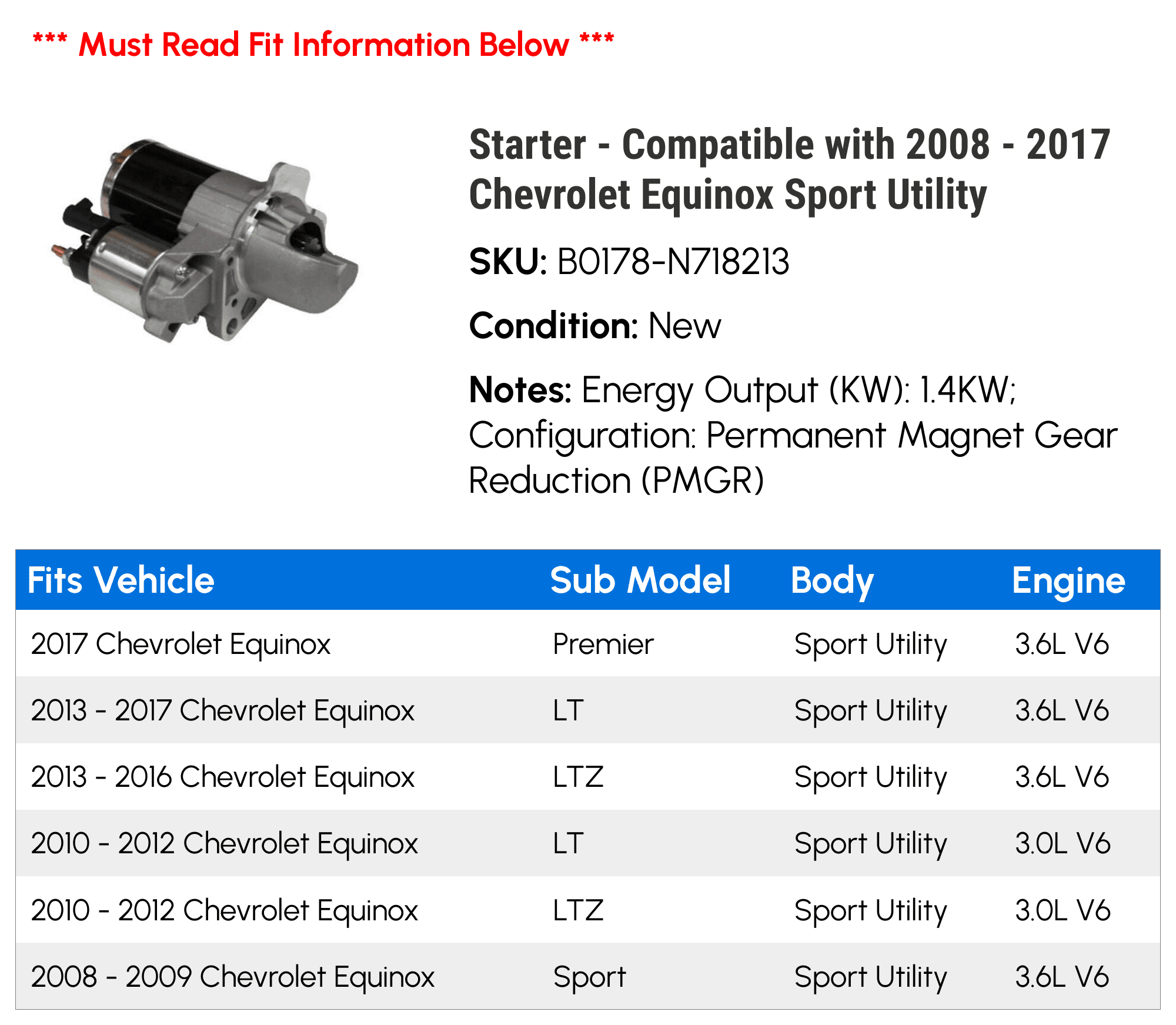 Starter for Chevy Equinox Sport Utility 2008-2017 L15065