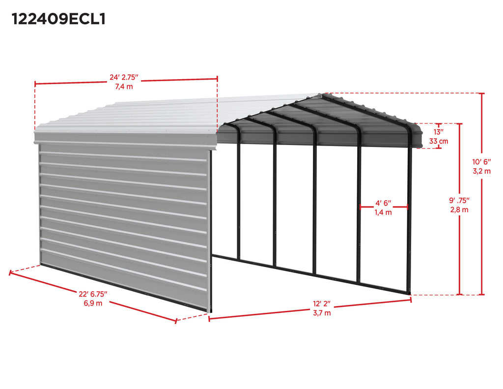 Galvanized Steel Carport Kit, 12' x 24' x 9', Charcoal Y732228