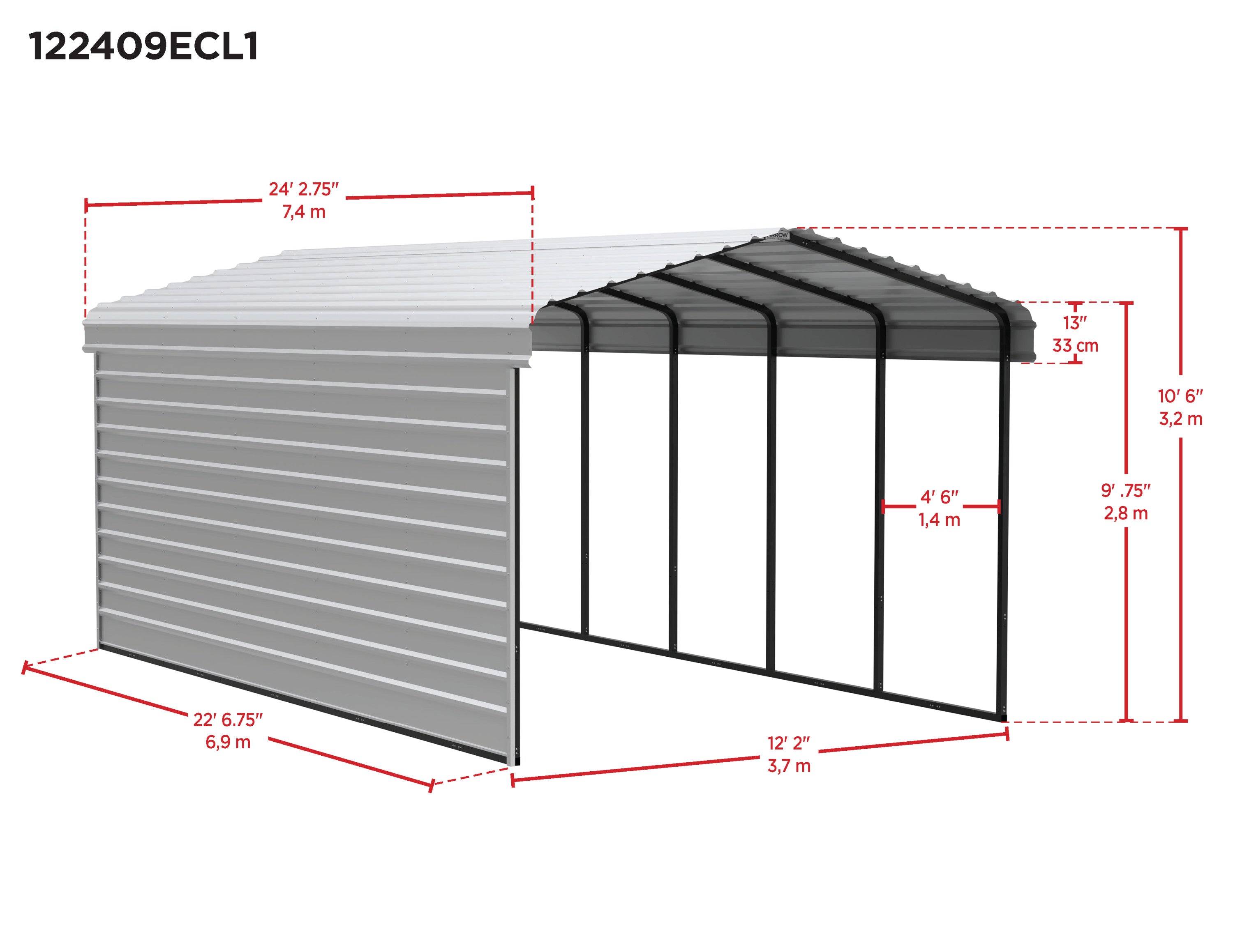 Galvanized Steel Carport Kit, 12' x 24' x 9', Charcoal Y732228