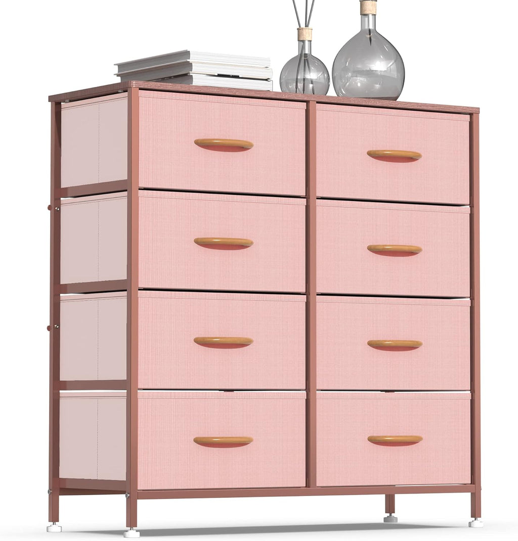 Vertical Dresser Storage Tower, Steel Frame, Wood Top, Fabric Bins, 8 Drawers, Dark Indigo M737