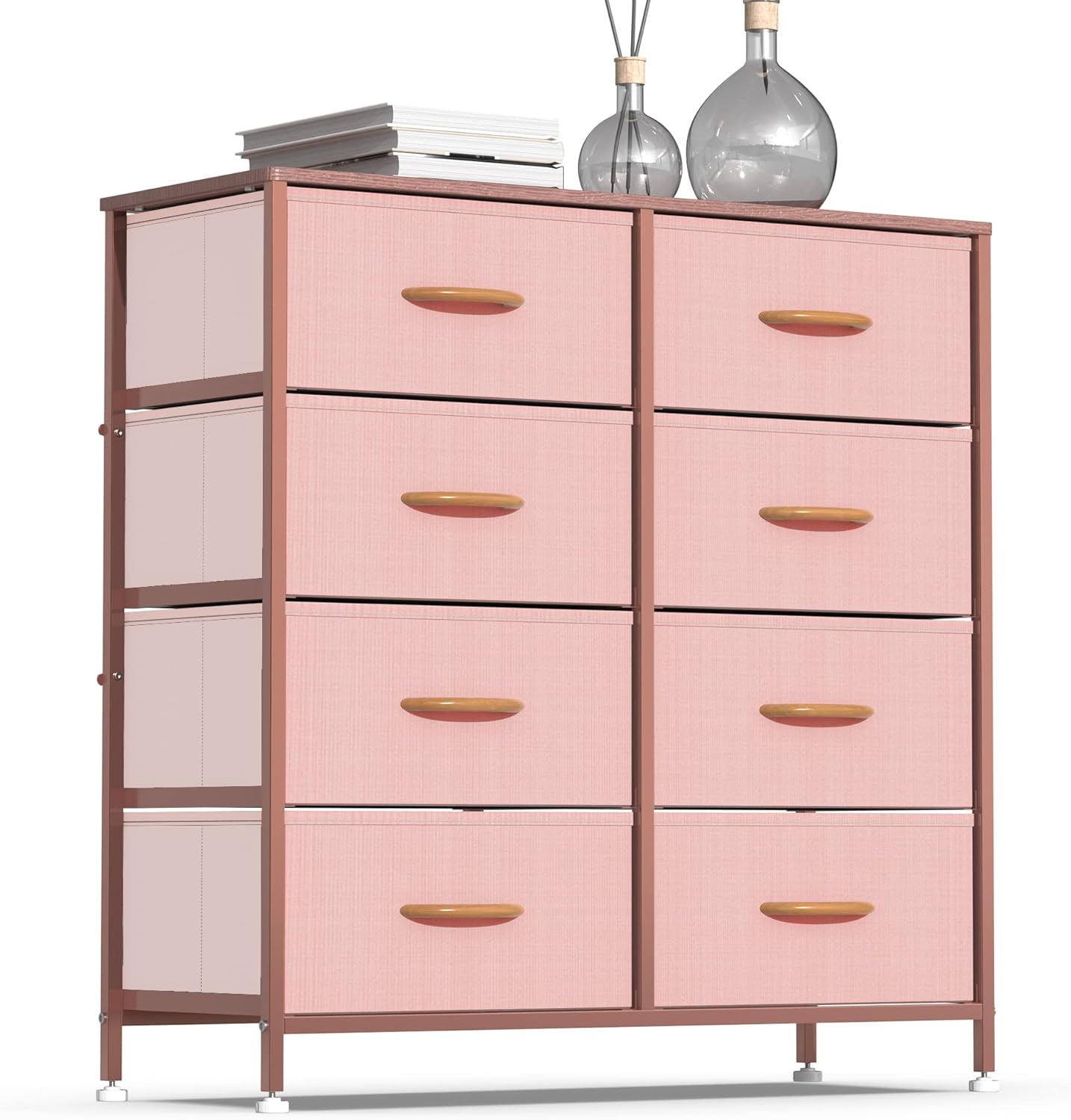 Vertical Dresser Storage Tower, Steel Frame, Wood Top, Fabric Bins, 8 Drawers, Dark Indigo M737
