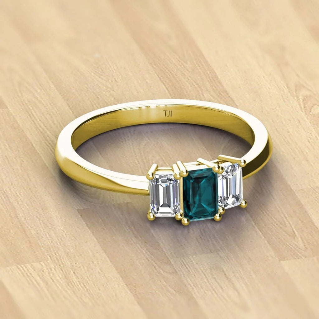 Emerald Cut 6x4 mm London Blue Topaz & Lab Grown Diamond 1 1/3 ctw 3 Stone Engagement Ring 14K Yellow Gold U96944