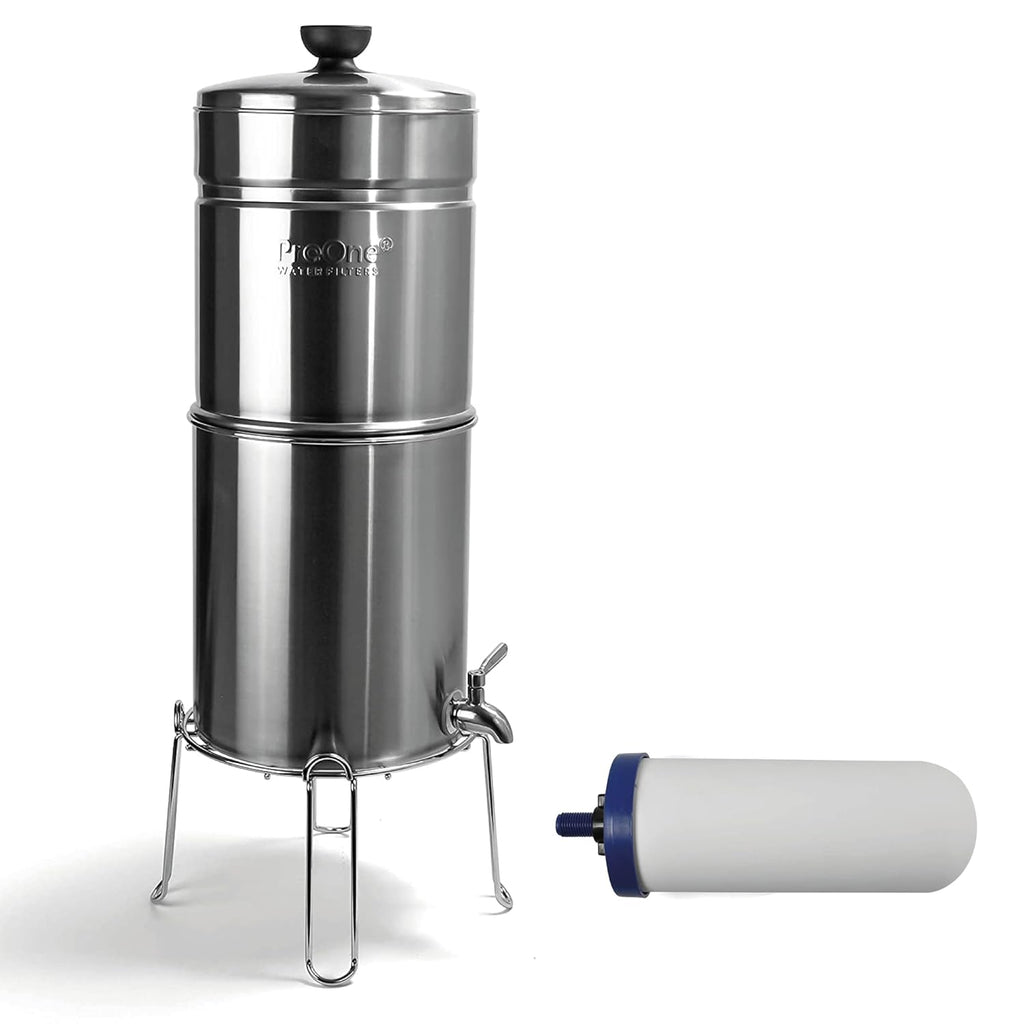 Stainless-Steel Gravity Water Filter System, 3-Gallon Countertop Water Dispenser with 7-inch Filter and Wire Stand Y282907