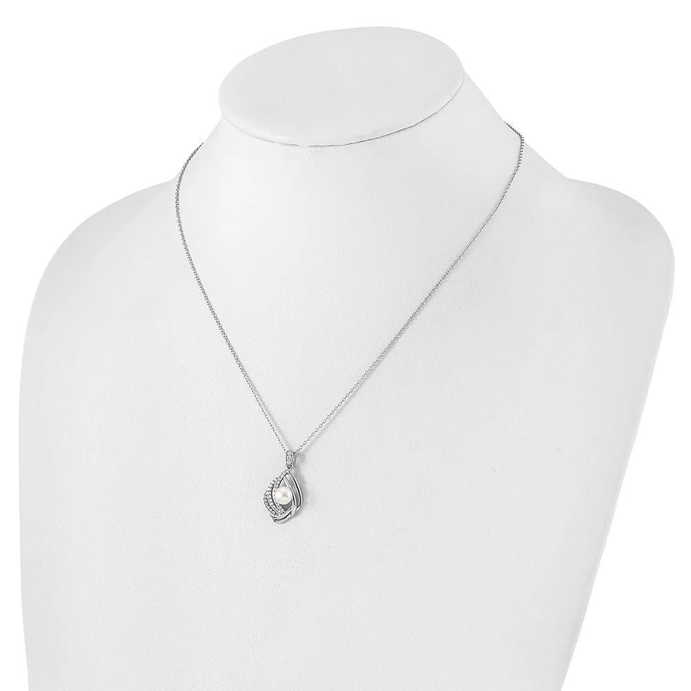 925 Sterling Silver Freshwater Cultured Pearl and CZ Teardrop Necklace 20" Q90446