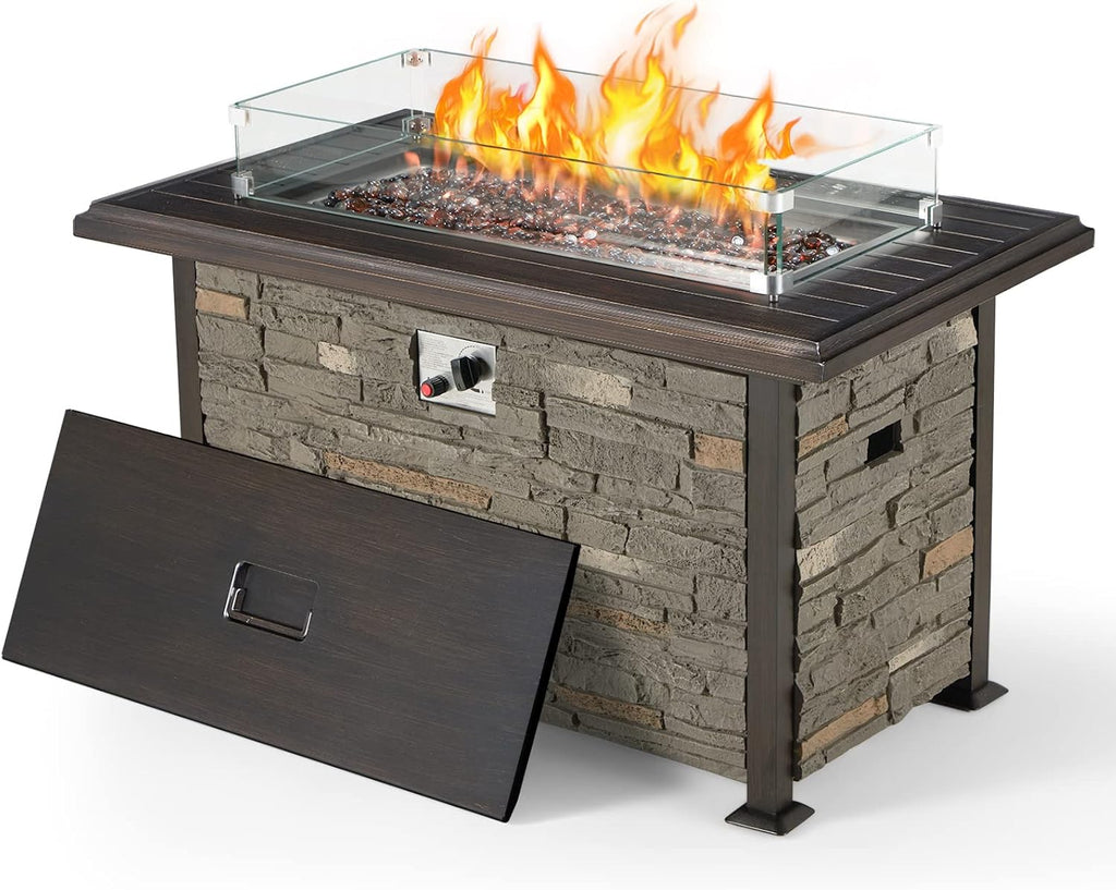 Gray Aluminum Propane Fire Pit Table with Faux Ledgestone J730533