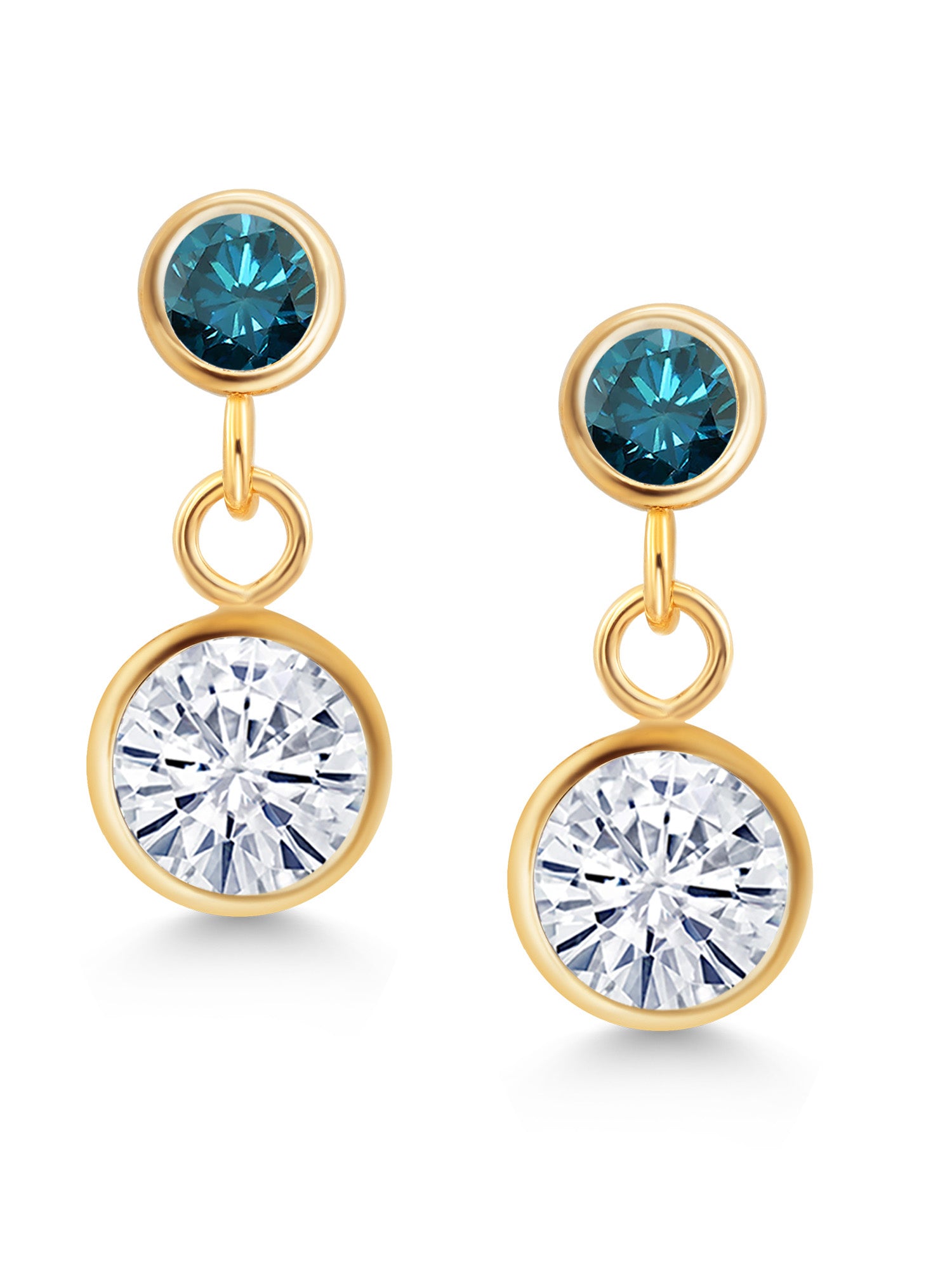 14k Yellow Gold Moissanite and Blue Diamond Two Stone Dangle Stud Earrings E3470