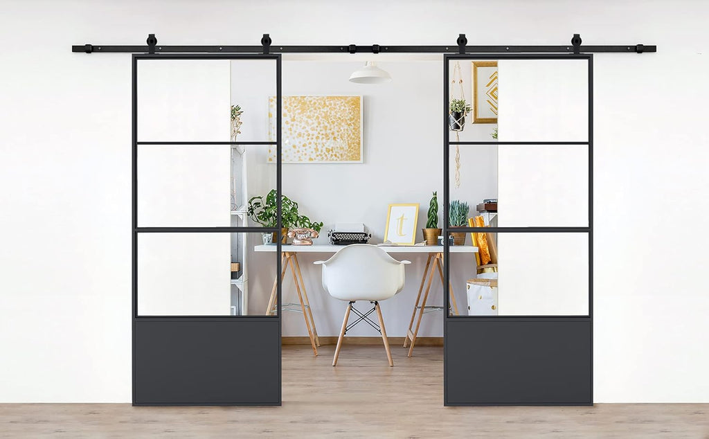 Double Barn Door 72 x 84 in with 12FT Hardware Kit and Soft Close Mechanism, Clear Tempered Glass Carbon Steel Frame L6631