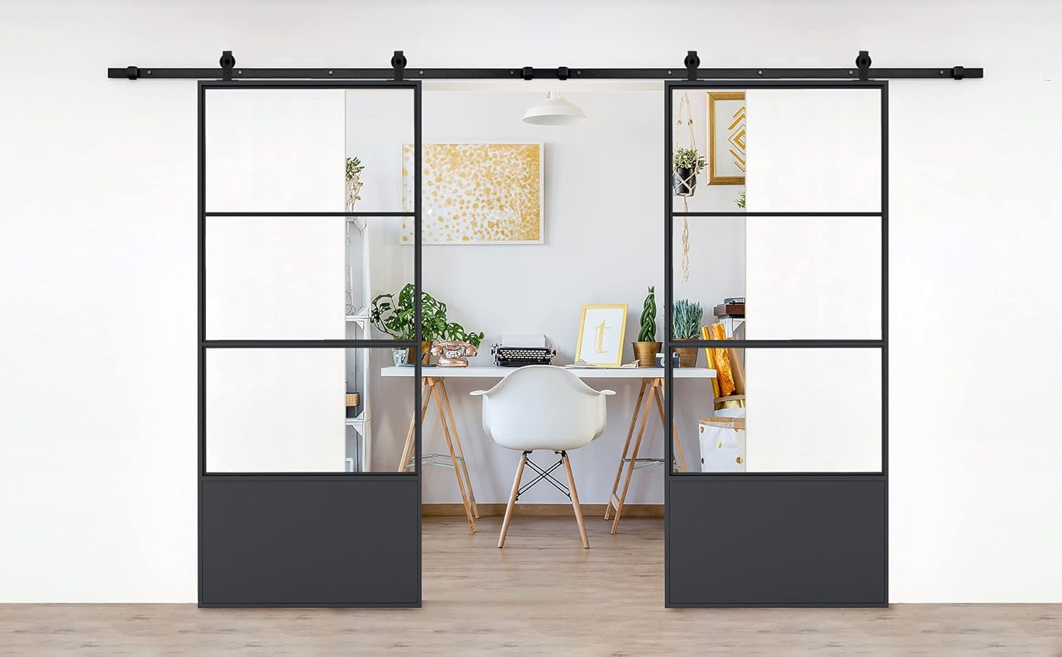 Double Barn Door 72 x 84 in with 12FT Hardware Kit and Soft Close Mechanism, Clear Tempered Glass Carbon Steel Frame L6631