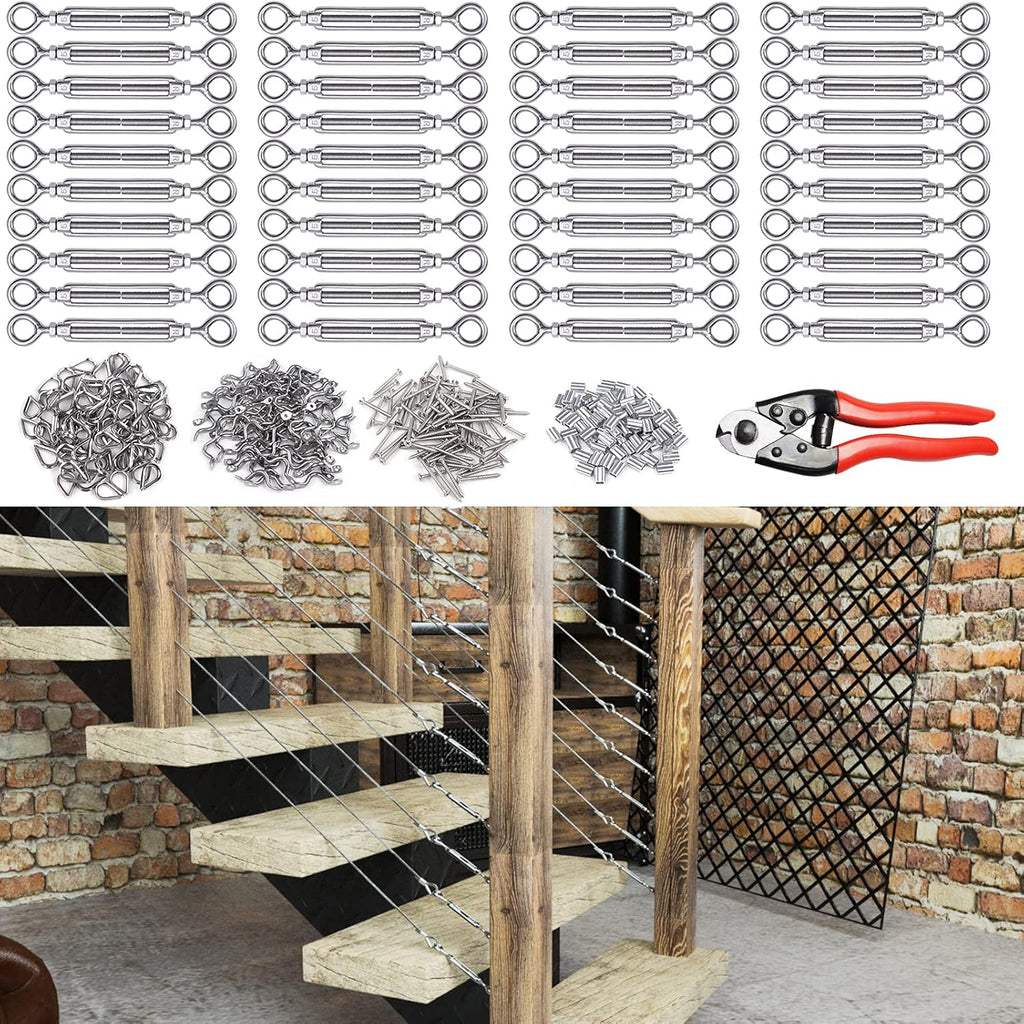 5Set 1/8 Cable Railing Kit Hardware Turnbuckle M5 Eye to Eye and 165' Wire Rope for Wood Post Stainless Steel Angle Adjustable 5 Cable Lines E234964
